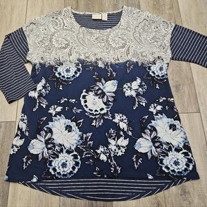 Chicos Relaxed Fit Casual Blouse Top Floral Striped Navy Blue Women's Small 0